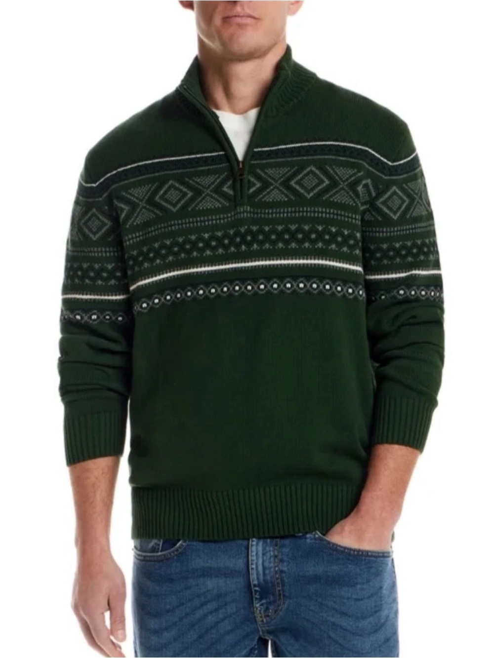 Weatherproof Men's Emerald Green Fair Isle Half-Zip Sweater